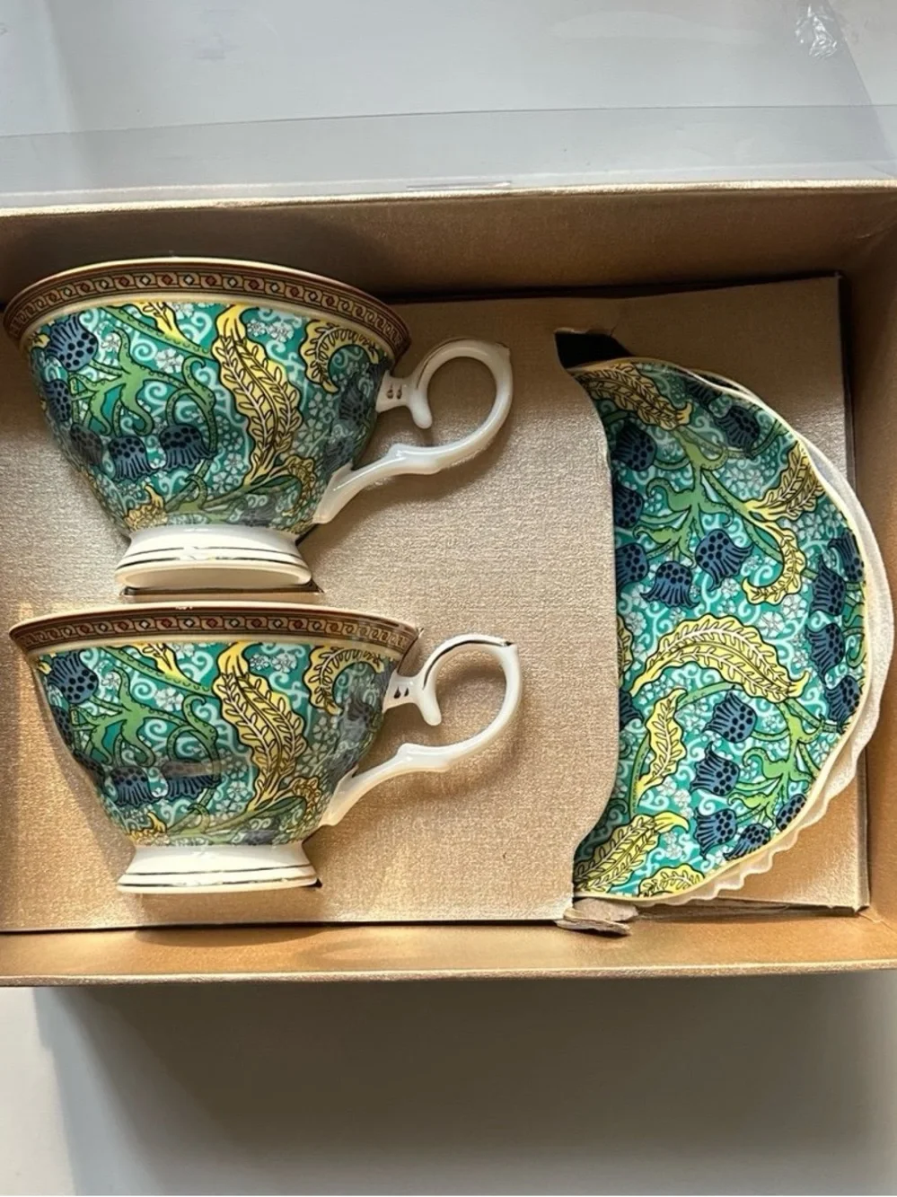 Grace Teaware Green & Gold Porcelain Teacup Set 2 Cups & 2 Saucers Gift Box NWT